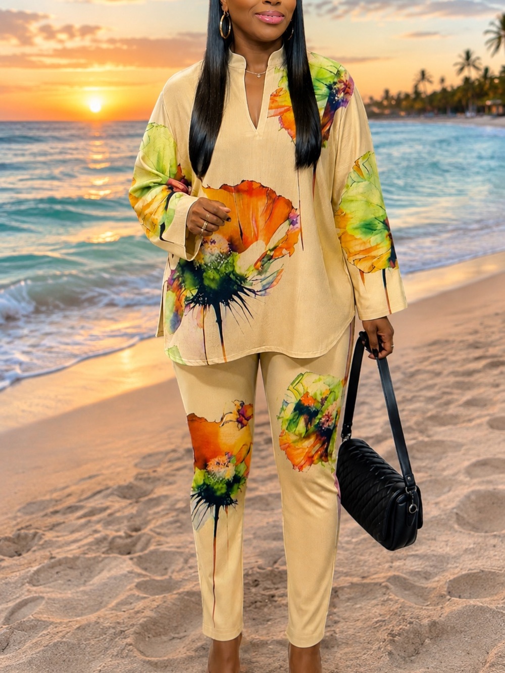Floral Print Beige Two-Piece Jumpsuit Set